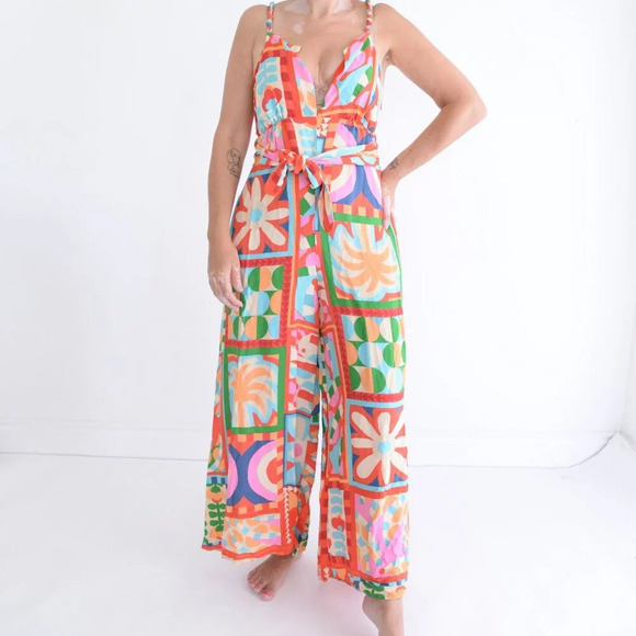 Anthropologie Farm Rio Cutout Halter Jumpsuit Red Floral Boho S - Picture 2 of 13